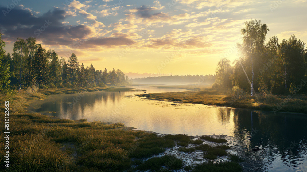 Serene sunrise over a tranquil river in a forest landscape with copy space Serene sunrise over a tranquil river in a forest landscape with copy space