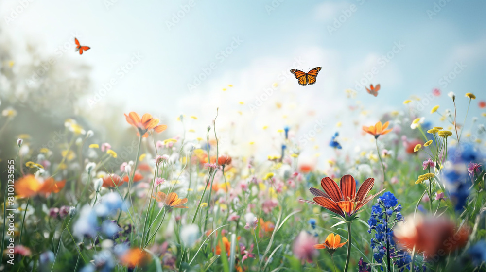 Butterflies fluttering in sunlit wildflower meadow Butterflies fluttering in sunlit wildflower meadow
