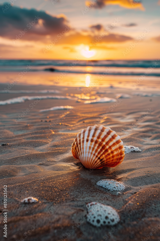 Scallop shell on the sand beach at sunset Scallop shell on the sand beach at sunset