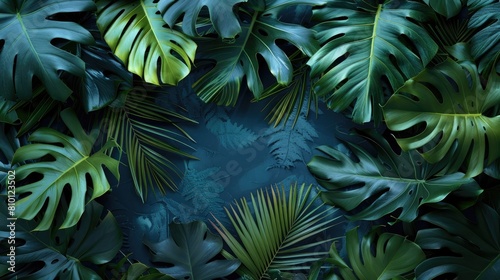 Large tropical leaves on a blue background. The concept of nature. Natural background.