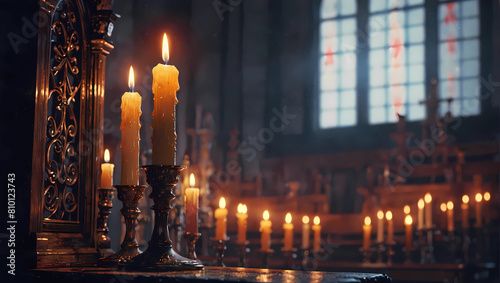 burning candles in church or cathedral