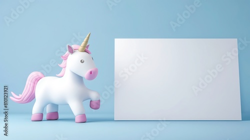 Cute pink unicorn standing next to the blank whiteboard, copy space, light blue background photo