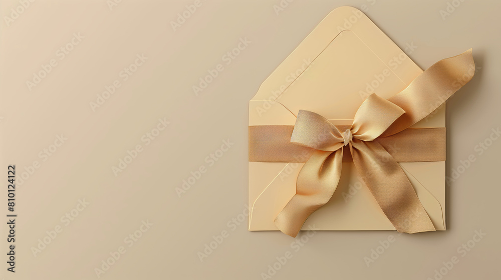 A mockup of an envelope with a gold ribbon on a neutral beige background.