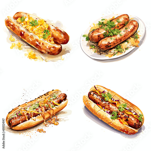 Watercolor illustration of gourmet hot dogs and grilled sausages with toppings like cheese, onions, and herbs. A perfect design for food art, fast food, BBQ, restaurant menus, and street food projects