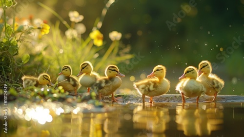 Adorable Ducklings Swimming by the Pond