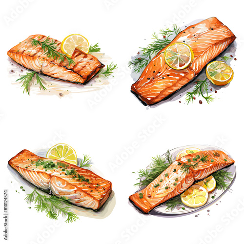 Watercolor illustration of grilled salmon fillets garnished with lemon and fresh herbs. A perfect design for food art, seafood dishes, healthy eating, restaurant menus, and culinary projects.