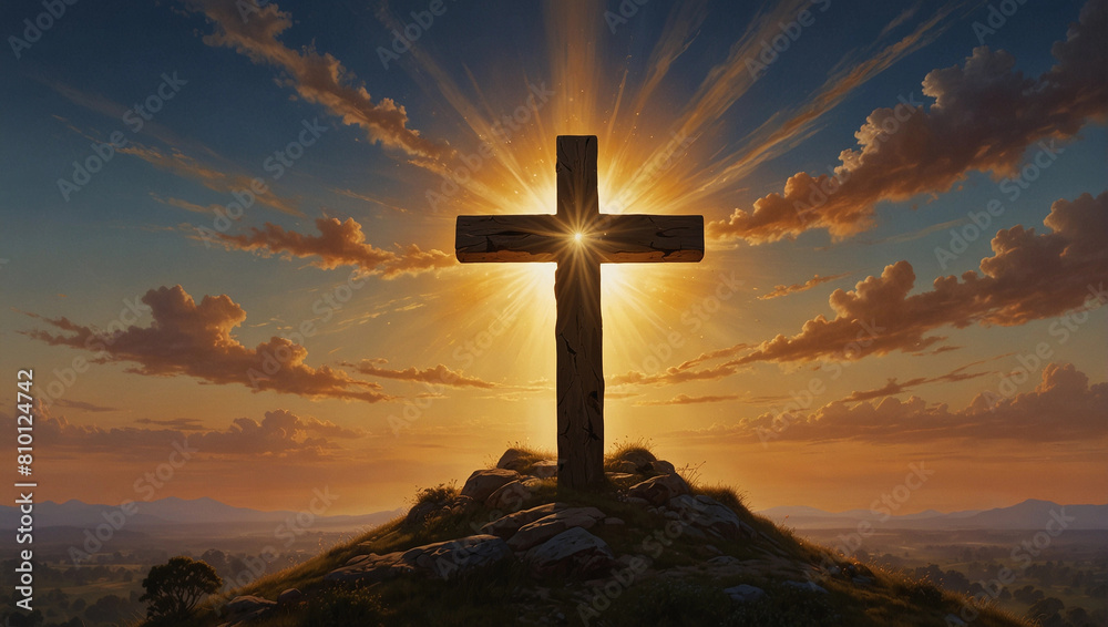 Big cross silhouette is seen on high hill over sunrise sunset dawn, Generative AI illustration
