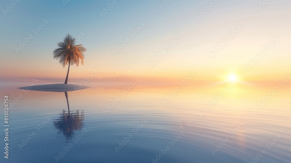 A solitary palm tree crowns a tiny island in a sunset-kissed body of water A solitary palm tree crowns a tiny island in a sunset-kissed body of water