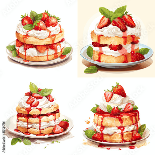 Fluffy strawberry shortcake layered with whipped cream, fresh strawberries, and sweet syrup drizzle. A delightful dessert perfect for bakeries, cafes, and food photography.