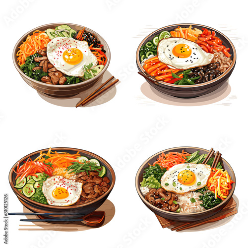 Authentic Korean bibimbap served in a bowl with fresh vegetables, marinated beef, rice, and a sunny-side-up egg. A vibrant and flavorful dish perfect for food lovers and photography.