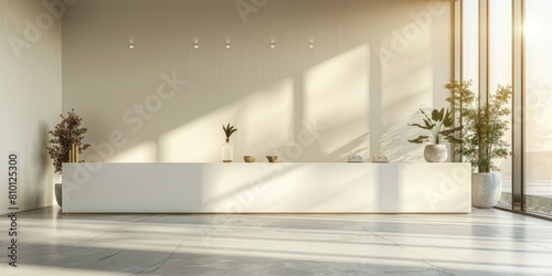 White reception counter in modern office with white walls  tiled floor and large windows. mock up