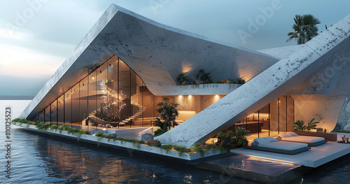 3D Rendering of Angular Modern House with Triangular Window and Floating on Water photo