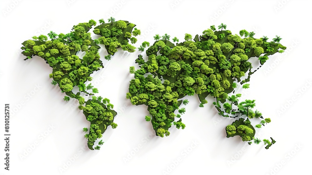 World map covered in trees and water, isolated on a white background. Concept for Earth Day and Environment Day. World map covered in trees and water, isolated on a white background. Concept for Earth Day and Environment Day.