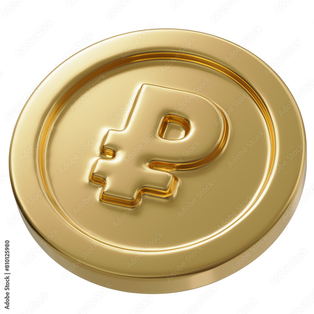 RUB. Russian ruble sign on golden coin isolated on a transparent background. 3d render. Golden ruble icon. RUB. Russian ruble sign on golden coin isolated on a transparent background. 3d render. Golden ruble icon.
