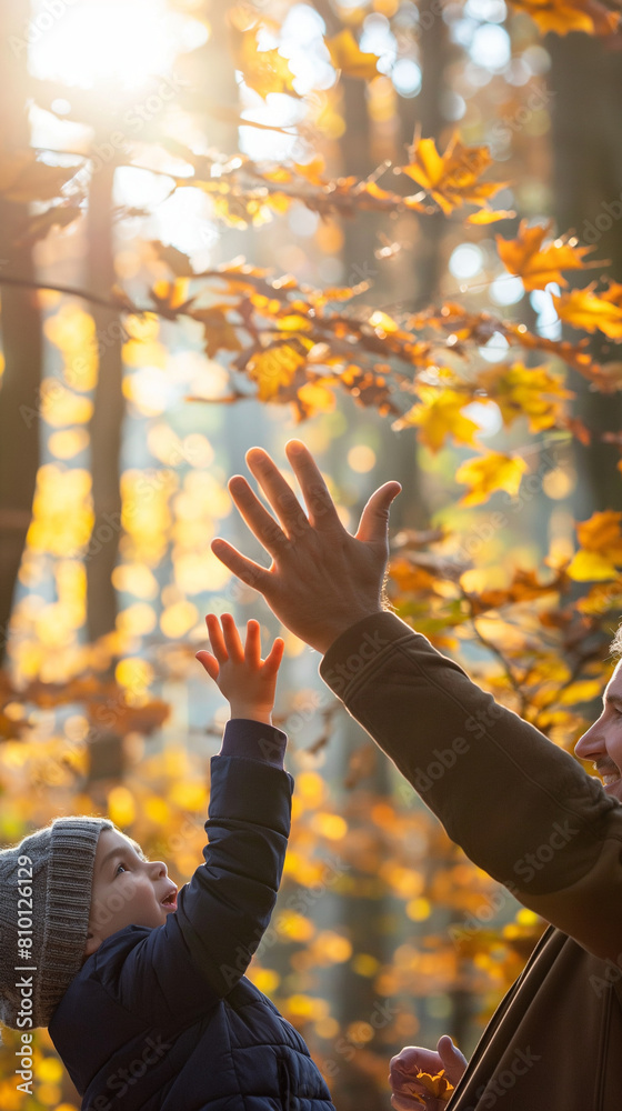 Father and child in autumn forest, catch for leaves Father and child in autumn forest, catch for leaves