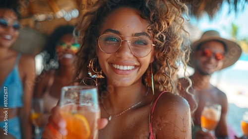 Happy multiracial friends cheering cocktail glasses together at beach party. Youth lifestyle and summertime vacations concept. 