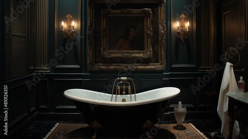 A dark and ornate gothic bathroom with a claw foot tub. Luxurious ambiance