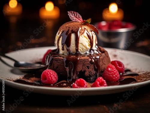 Decadent chocolate dessert with ice cream and raspberries photo