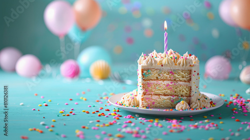 A festive birthday cake with a lit candle  surrounded by colorful confetti and pastel balloons  suggests a celebration on a cheerful  decorated background.
