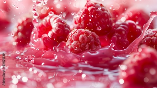 Fresh Raspberry Juice Splash, Vivid Red Berries Floating, Hot Pink Background