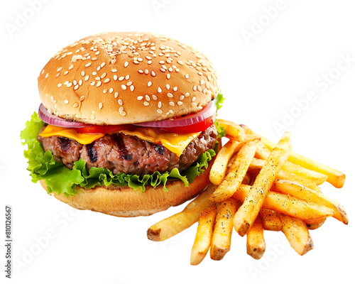 Hamburger and fries on a transparent background. Fast food concept