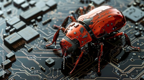 Futuristic cybernetic beetle on circuit board