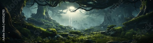 Enchanted forest landscape with glowing mushrooms and fireflies