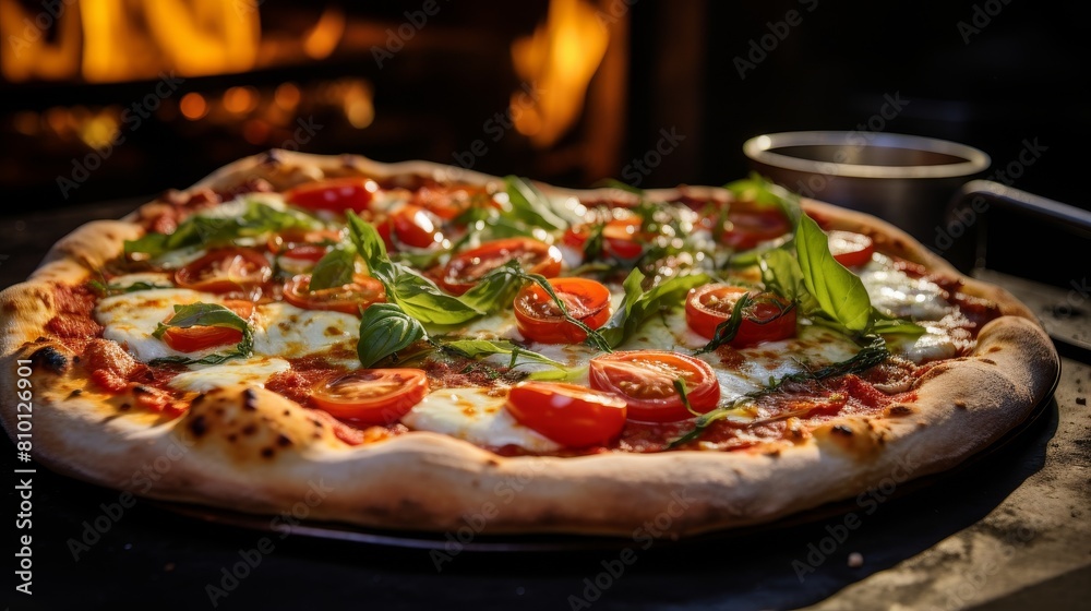 Delicious homemade pizza with fresh basil and tomatoes