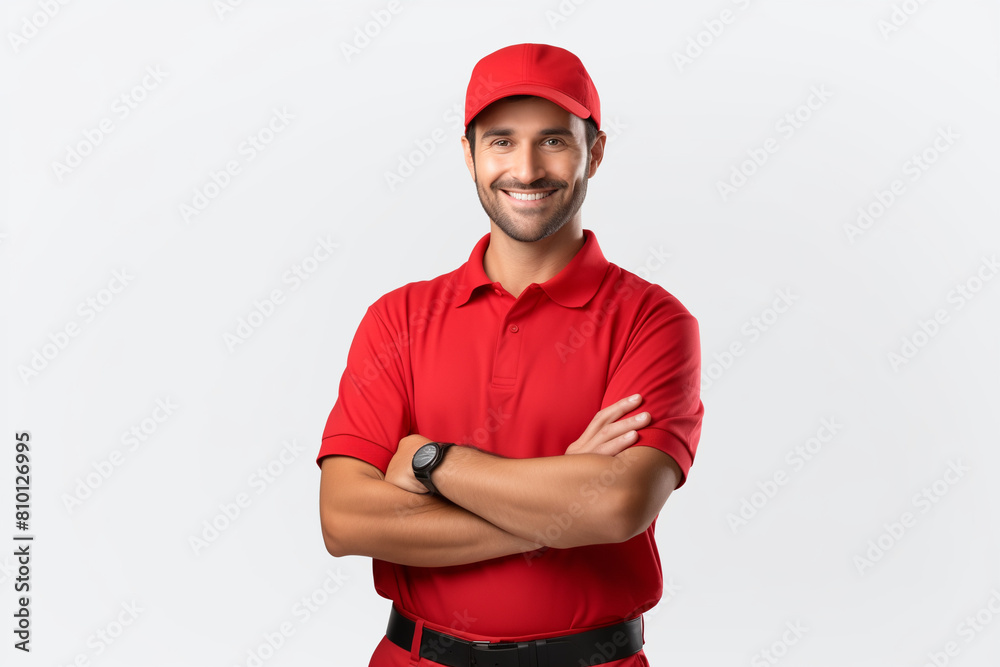 Smiling delivery man in red uniform standing with arm crossed - isolated on white background