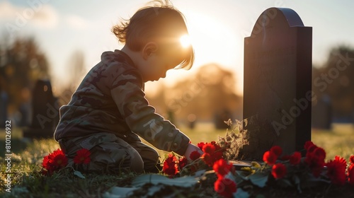 A child placing flowers on a grave marker in a military cemetery