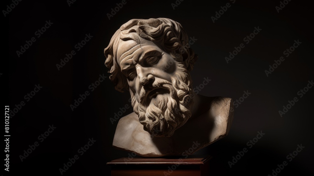 Dramatic stone bust of a bearded man Dramatic stone bust of a bearded man