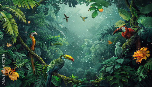 A vibrant illustration of a tropical rainforest featuring toucans, a parrot, lush green foliage, blooming flowers, and butterflies under a misty, ethereal light.