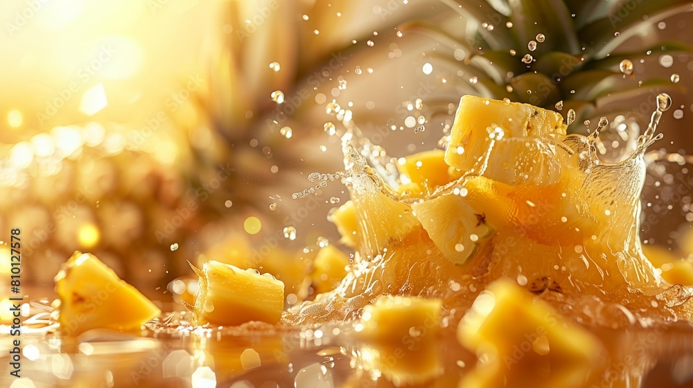 Tropical Pineapple Juice Splash, Yellow Pineapple Chunks Mid-Air, Sunlit Gold Tropical Pineapple Juice Splash, Yellow Pineapple Chunks Mid-Air, Sunlit Gold
