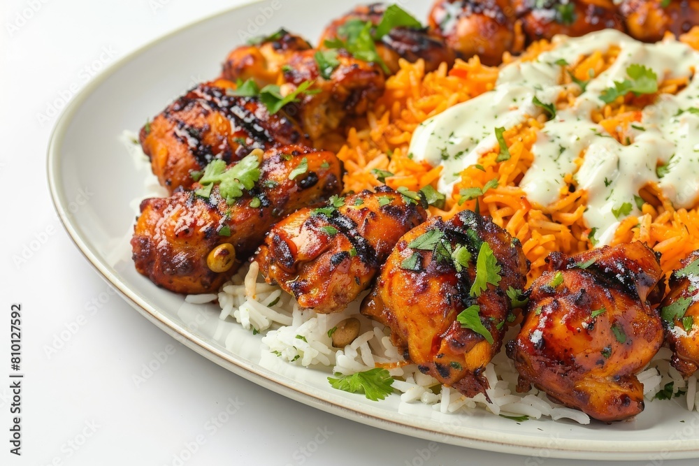 Aromatic Rice with Authentic Afghani Chicken and Creamy Yogurt Sauce
