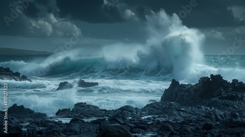  A stormy day's large wave crashes over ocean rocks, darkened by ominous clouds