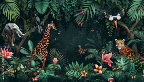A vibrant illustration of a tropical jungle with an elephant, giraffe, leopard, toucan, and various plants, suggesting a rich, diverse, and exotic ecosystem.