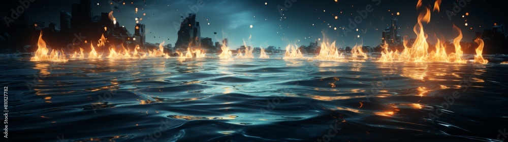 fiery city skyline reflected in water fiery city skyline reflected in water
