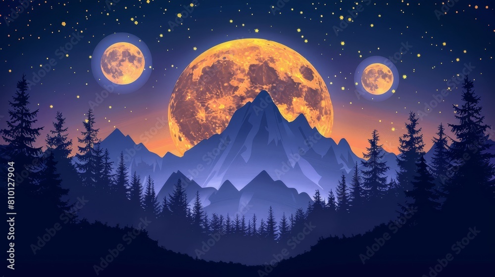 A night scene featuring mountains, trees, and a full moon illuminated by stars A night scene featuring mountains, trees, and a full moon illuminated by stars