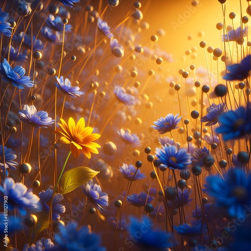 A yellow flower in a field of blue flowers