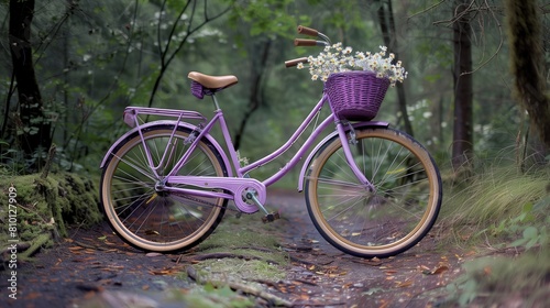 Ultra-clear, detailed image of a lavender bicycle with a basket full of wild daisies, abandoned near a woodland path