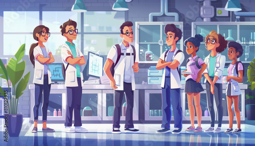 A group of seven animated characters, possibly medical professionals, are standing in a laboratory setting with equipment and a plant in the background. photo