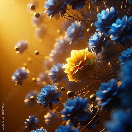 A yellow flower in a field of blue flowers