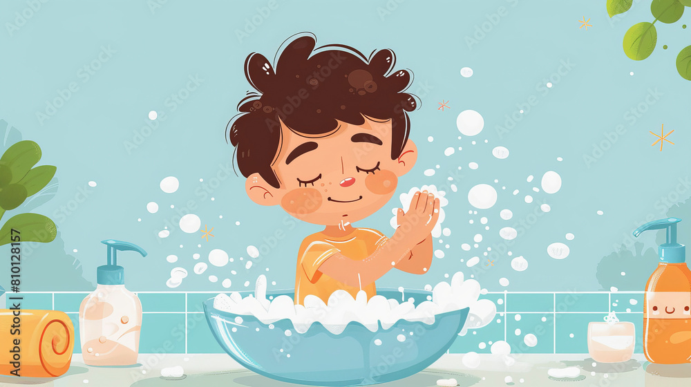 An animated young boy happily bathing in a tub with soap bubbles ...
