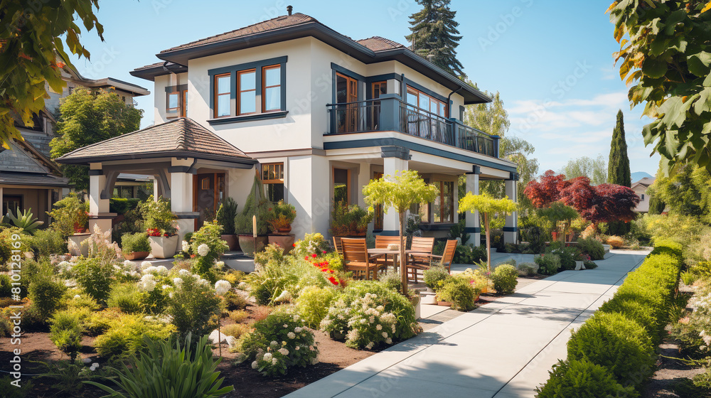 Elegant two-story home with a landscaped garden and outdoor seating area