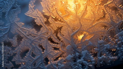 Intricate frost patterns on a winter surface