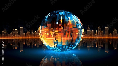 Futuristic cityscape with glowing globe