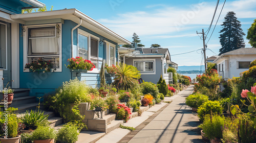 Coastal neighborhood pathway adorned with lush plants and charming mobile houses
