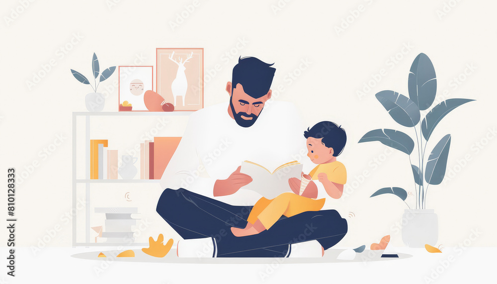 An illustration of a bearded man reading a book to a young child in a cozy room with a bookshelf, plant, and toys around them. An illustration of a bearded man reading a book to a young child in a cozy room with a bookshelf, plant, and toys around them.
