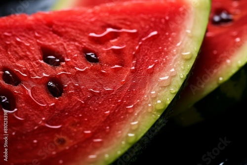 Juicy red watermelon slice with water droplets