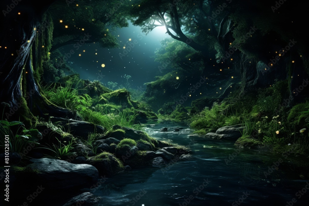 Enchanted forest stream at night with glowing fireflies
